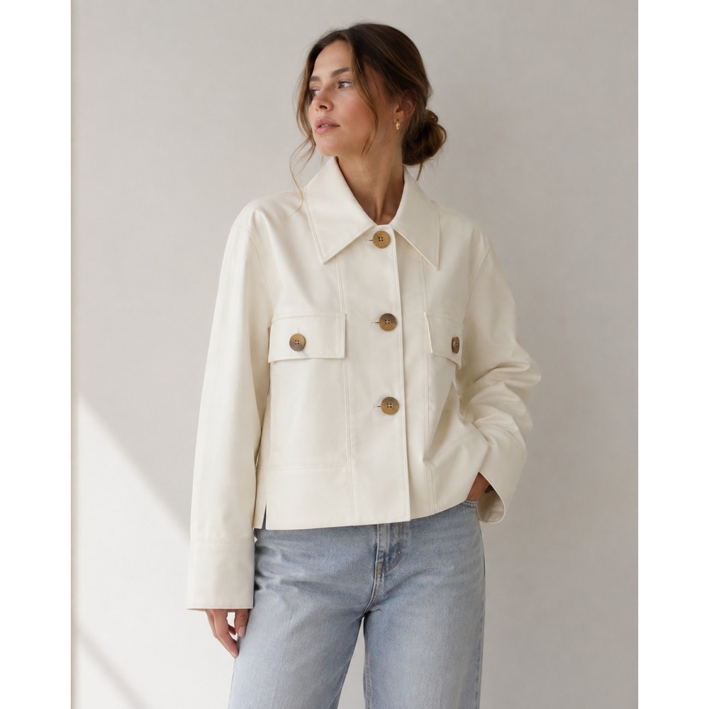 Elena Wang Cream Faux Leather Boxy Jacket Off White Button Front L